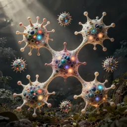 quantum connections represented as symbiotic organisms like cells playing around with colorful lights by maria sibylla merian