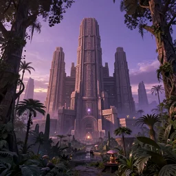 Cyber space forest scene, Giant Aztec space city, soft purple sunset lighting, intricate details ,by denis villeneuve, Ridley Scott, Greg Rutkowski and Alphonse Mucha