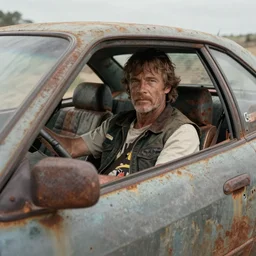 Jeff Bridges sitting in the driver's seat in Mad Max Road Warrior, rusted, cobbled together Nissan R34 GTR, interior, screenshot, cinematic Eastman 5384 film