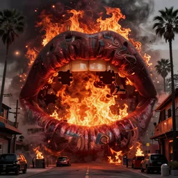 beautiful and terrible fires of los angeles, atmoshperic, sharp focus, down road, ghotic, huge lips, trending on artstation, intricate details