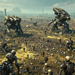 cyberpunk wasteland vast area with thousands skulls of humans and robots and broken war machine mechs, trending on artstation hq, deviantart, unreal engine 5, 4 k uhd image, full 3 d, hyperrealistic dmt style, only high contrast colour of black and white