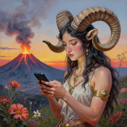 painting by senior concept artist josephine wall, horned ram goddess checking her cell phone, erupting volcano and sunset in distance in background, flowers in foreground, trending on artstation, zodiac, fantasy, acrylic on canvas, intricately detailed, highly detailed, high resolution, 8 k,