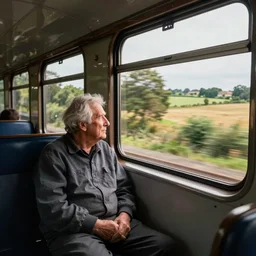 a high quality colour photograph of an old man sat in a railway train, looking wistfully out of the window at the sunny english countryside speeding past, candid photo, street photography, photojournalism, 8 k, high resolution, beautiful composition, epic lighting