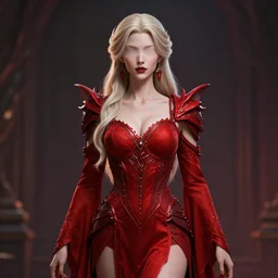 minagho, pathfinder wrath of the righteous, humanoid demon woman, gorgeous, ornate dashing red garments, red dress, earrings, perfect symmetry, eyeless, no eyes, red dress, ashen blonde hair, 4 k resolution, volumetric lighting, artstation