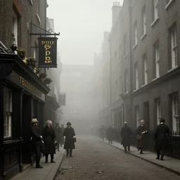 1 9 th century london, art by caspar david friedrich, thomas lawrence, john martin, dark, shady alleys, pub, pub sign, thick fog, coherent composition,