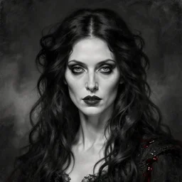 highly detailed oil painting | very intricate | cinematic lighting | black, white and blood color scheme, dark background | portrait of a exquisite beautiful vampire very old woman with long elegant tangles of black hair, eyes, gothic fog ambience, hyper realistic head, fantasy victorian art, in the style of greg rutkowski, zdizslaw beksinski, intricate, alphonse mucha