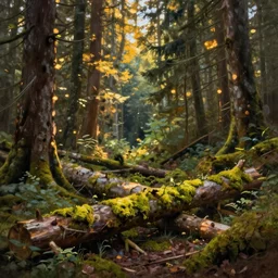 Fantasy Oil painting of Hoh National Forest and logs covered in moss, Greg Rutkowski, National Geograpic, Trending on Artstation, Afternoon Glow n- 8 H- 640 W- 360