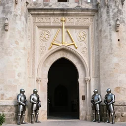 photo of an ancient castel entrance, illuminati signs, armorers, sharp focus, volumetric light, pastels lightings, intricate details, ( ( ( gold intricate ) ) ) photorealism, depth of field, crisp, hasselblad camera, by annie leibovitz and moebius, unreal engine