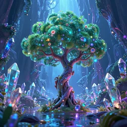 portal tree on a luminescent crystal biome that looks like a movie shot by pixar, ultra detailed, fantasy, hyper realism, art, smooth, beautiful art, masterpiece, landscape, cinematic, wet reflections, ray tracing x, rtx, smooth