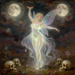 concept art of translucent glowing curvy buxom fairy dancing, renaissance, flowy, melting, round moons, rich clouds, very detailed, volumetric light, mist, fine art, decaying, textured oil over canvas, epic fantasy art, very colorful, ornate intricate scales, floor of skulls, fractal gems