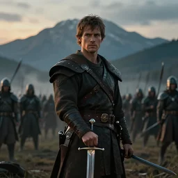 cinematic artwork mid shot of a warrior with short brown hair standing on a battlefield in front of his army, light on his face, holding onto his sword, mountains behind him, dusk, artwork by Greg Rutowski, masterpiece, 4k
