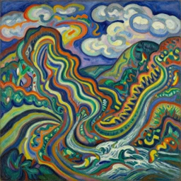 Landscape painting. Wild energy patterns rippling in all directions. Curves, zig-zags. Organic. Mountains. Clouds. Vegetation. Rushing water. Waves. LSD. Fauvism. Emil Nolde.