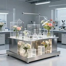 flower shop by science labotory made of stainless steel and translucent, labotory equipment geometry