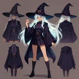 character model sheet of female student witch by greg rutkowski, witch academia, magic school uniform, glowing white iridescent hair color, by studio ghibli, digital art, trending on artstation, hd, 8 k, highly detailed, good lighting, beautiful, masterpiece