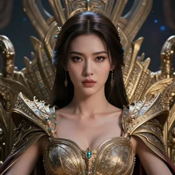 closeup portrait of a strong fierce beautiful young asian queen with medium length hair, sitting on her throne, mother of mankind, ruler of the universe, future year 3 0 0 0, highly detailed, intricate, elegant, hyperrealism, digital art by ross tran and artgerm and greg rutkwowski and wlop, 8 k hd, octane render, unreal engine 5
