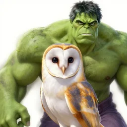 portrait barn owl hulk by yusuke murata and masakazu katsura, artstation, highly - detailed, cgsociety, artstation, pencil and ink, fighting pose, barn owl face, city in the background, dark colors, detailed face