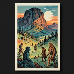 ancient beings, by david villegas, by małgorzata kmiec, woodblock, split - complementary - colors, poster, polished