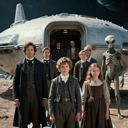 sharp, still from a sci fi blockbuster movie made in 2022, set in 1860, of a family leaving a spaceship, that has just landed on an alien planet, a humanoid alien stands nearby, the family are wearing 1850s era clothes, 4k, in focus faces, extremely good quality lighting, good quality photography, famous actors