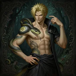 portrait of slim snake tamer, with a big snake tattoo around his body, mischievous, expressive pose, peaceful expression, dark gothic dress, fantasy, intricate, dark forest background, highly detailed, digital painting, artstation, concept art, smooth, sharp focus, illustration, art by artgerm and greg rutkowski and alphonse mucha