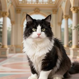 a portrait of an black and white long haired cat in a scenic palace by anna dittmann, trending on artstation