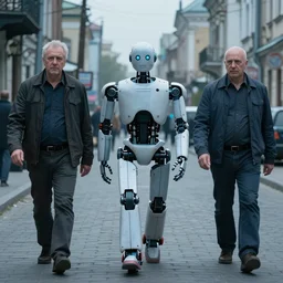 robots walking kiev streets movie still by denis villeneuve tom anders zorn hans dragan bibin thoma greg rutkowski ismail inceoglu alphonse mucha blue color scheme