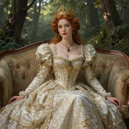 a single queen sitting by herself on a sofa in a forest, drawn by CloverWorks, intricate detail, elegant, beauty