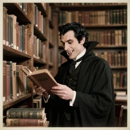 dracula as a librarian with fangs happily looking through books in a giant library, vintage photograph