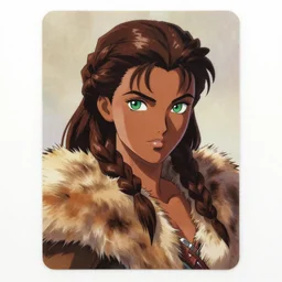 portrait of beautiful barbarian queen, dark brown skin, braided brown hair, green eyes, pelt coats, high fantasy, dnd, smooth, sharp focus, illustration, by osamu tezuka, collectible card art