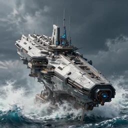 a tall cyberpunk ship vessel in heavy waves, hypermaximalistic, high details, cinematic, 8 k resolution, beautiful detailed, insanely intricate details, artstation trending, octane render, unreal engine