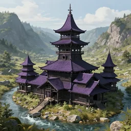 concept art, wooden tower located in the mountain stream, it is a wood purple black attic and tower building group. there is a large four corner attic building in the middle, and there are smaller attics and towers around, unreal engine, hyperdetailed, pixiv fanbox, 4 k