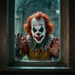photo of a scary clown looking through your bedroom window