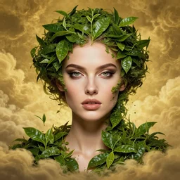 epic surreal upper body portrait of beautiful female face supermodel goddess portrait surrounded by tea leaves, concept art, wlop, jeremy lipkin, beeple, intricate, artgerm, ilya kuvshinov, golden clouds background