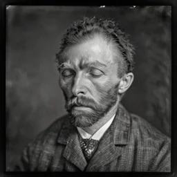 a 1 8 7 0 dark, monochrome, glass negative, silver gelatine realistic, supersharp, supersharp, realistic, photographic daguerreotype portrait of vincent van gogh with cosed eyes, shallow depth of field