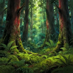 beautiful ancient forest, matte painting, beautifully painted, beautiful lighting, enchanted forest, jeremy lipking, studio ghibli, princess mononoke, 8 k, rays of light, amazing detail, princess mononoke background paintings, hayao miyazaki, kazuo oga, enchanted lighting, high contrast, rule of thirds, bright green moss, japanese woodblock prints, ferns, redwood forest