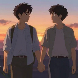 a film still, two young man walking holding hands toward the sunset, finely detailed features, perfect art, dramatic light, trending on pixiv fanbox, painted by greg rutkowski makoto shinkai takashi takeuchi studio ghibli, akihiko yoshida