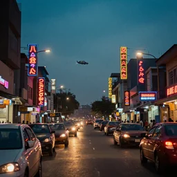 photograph of a neon lit - nigerian urban street with flying vehicles,