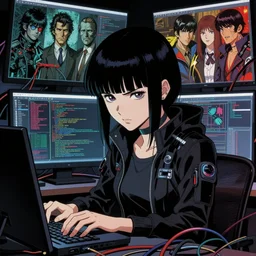 dark cyberpunk girl coding, a lot of cables around by ayami kojima, by francis bacon, by amano, by karol bak, greg hildebrandt, by mark brooks, by alex grey, by zdzisław beksinski, by takato yamamoto, vintage style, high resolution, ultra detailed, close - up wide portrait