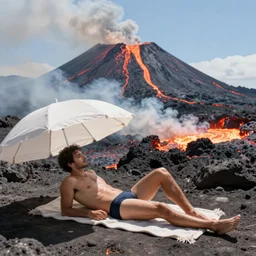 man in a swimsuit sunbathing under an umbrella on a volcano with magma eruptions and lava flowing, steam and smoke from smoldering rocks