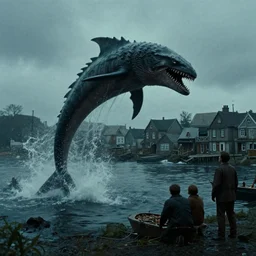 movie frame still from live action lovecraftian sea monster attacking fisherman's town
