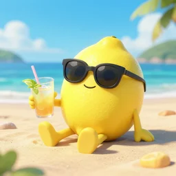 a lemon character with sun glasses sitting by the beach with a drink