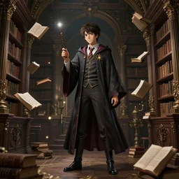 highly detailed portrait of a a wizard with a wand, library in the style of baroque, flying magic books, correct anatomy and body proportions, unreal engine, in the style of makoto shinkai, lois van baarle, ilya kuvshinov, rossdraws and tom bagshaw, global illumination, detailed and intricate environment, mysterious, comfort, in the style of aetherpunk