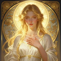 digital character concept art by artgerm and greg rutkowski and alphonse mucha. clear portrait of a shy modern wife blessed by god to grow immaculately fertile and perfect!! blonde, in clothes! holy body! light effect. hyper detailed, glowing lights!! intricate, elegant, digital painting, artstation, smooth, sharp focus