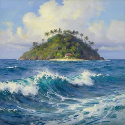 ocean waves in the foreground, a mystic tropical island in the background, artstation, oil painting, painted ruan jia raymond swanland lawrence alma tadema zdzislaw beksinski norman rockwell tom lovell alex malveda greg staples