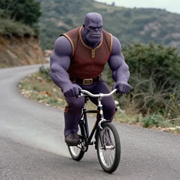 film still of thanos as brand riding a very very very small bicycle down a steep mountain road in the goonies 1 9 8 5