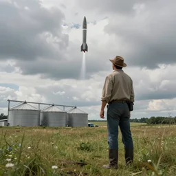 farmer watching missiles takes off from silos built under meadows, cloudy day, hyperdetailed, artstation, cgsociety, 8 k