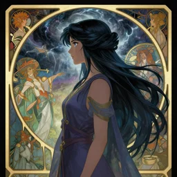 side profile centered painted portrait, Maya Ali as a storm sorcerer, D&D, matte painting concept art, beautifully backlit, official fanart, 4k, HDR, Trending on artstation, Behance, anime, art nouveau, by Mucha and ilya kuvshinov and Cushart Krentz and Gilleard James