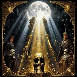 masterpiece of 90s fantasy movie poster,  steampunk, cinematic, powerful, moon beams dramatic light, highly, intricate gold elements, hollow souls, detailed, digital painting, artstation, concept art, sharp focus, illustration, art by artgerm and greg rutkowski and alphonse mucha, rembrandt