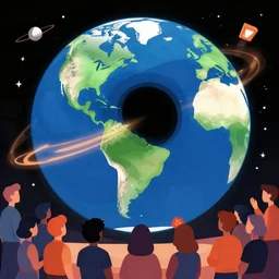 blackhole in space illustration from earth and bunch of people watch, unreal engine, vector art