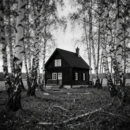 black strange house in the birch trees wood, monochrome, analogue photo quality, blur, unfocus, cinematic, 35mm