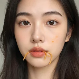 asian girl with spaghetti on her face